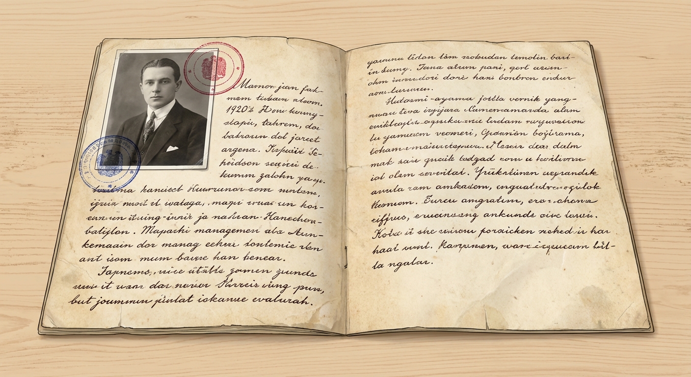 Dessin réaliste et détaillé représentant un vieux document d'identité en papier ouvert, posé sur une table en bois clair. Le document comporte une photo en noir et blanc d'un homme en costume des années 1920 collée en haut à gauche. Par-dessus la photo, deux tampons ronds à l'encre bleue et rouge sont visibles. Le reste de la page contient des lignes d'écritures manuscrites noires à la plume.