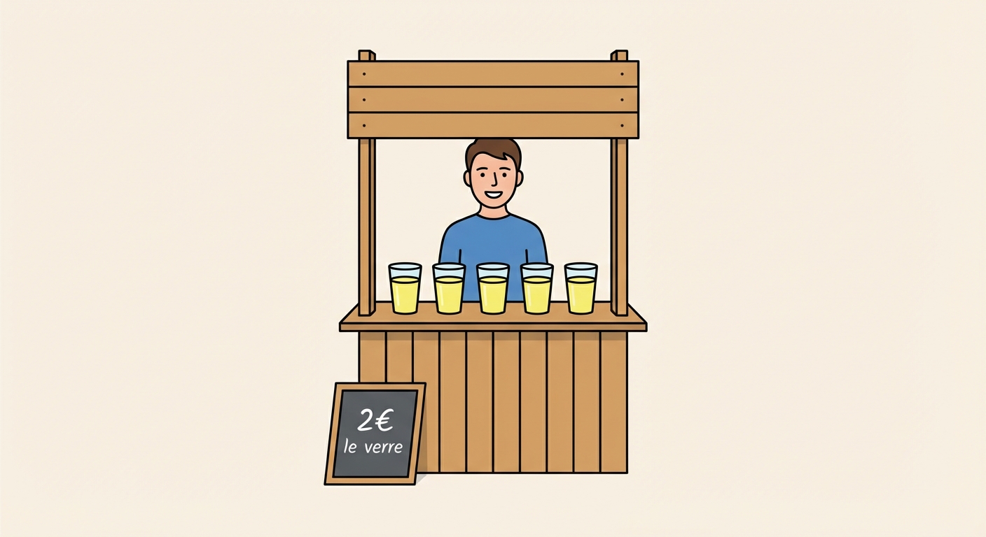 Dessin simple et coloré d'un stand de limonade en bois. Sur le comptoir, il y a 5 verres de limonade jaune alignés. Une ardoise devant le stand affiche '2€ le verre'. Un vendeur souriant est derrière le stand.