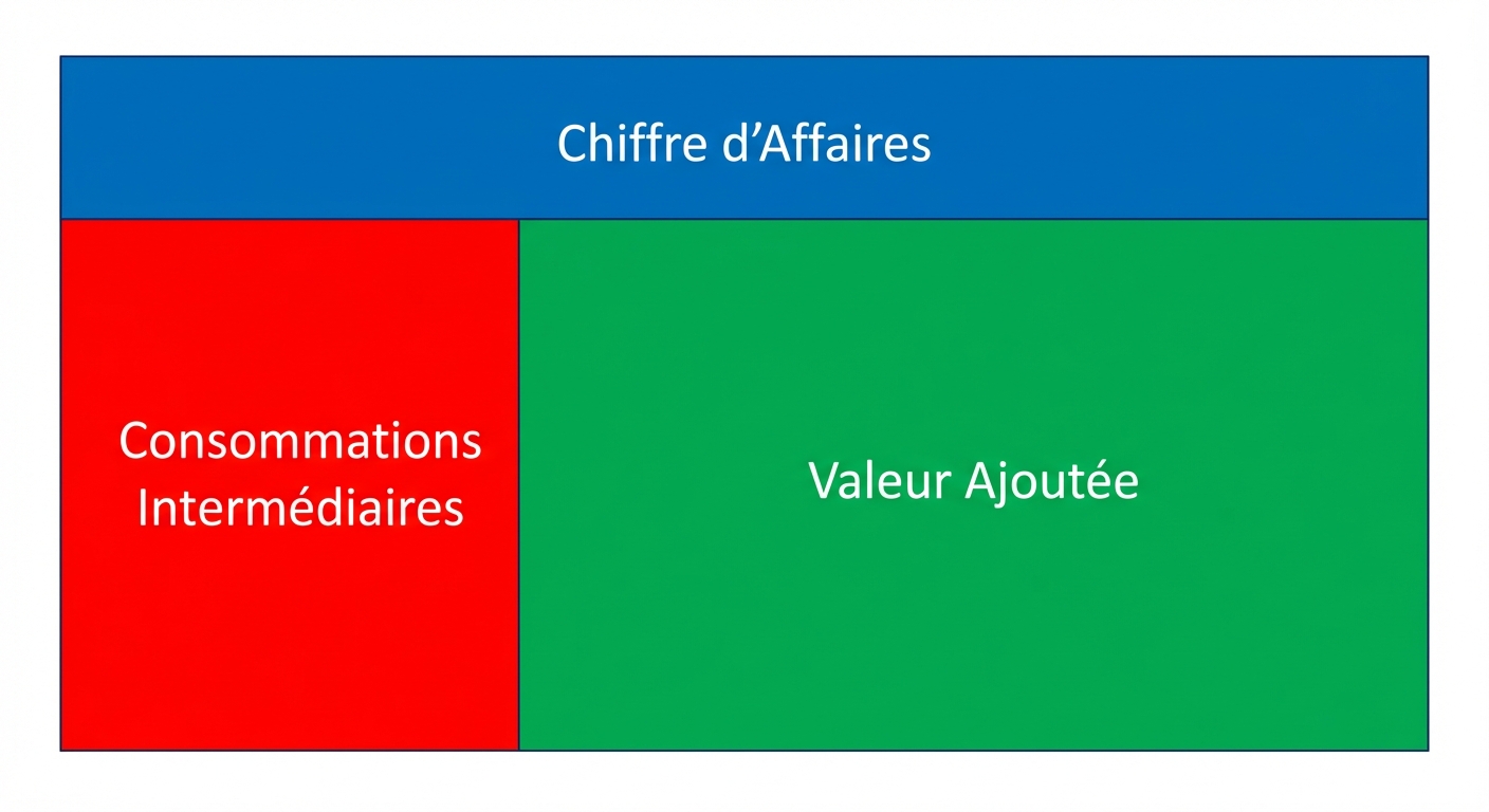 Schéma simple en 2D. Un grand rectangle bleu représente le 'Chiffre d'Affaires'. À l'intérieur, une partie gauche en rouge est étiquetée 'Consommations Intermédiaires'. La partie restante à droite, en vert, est étiquetée 'Valeur Ajoutée'. Fond blanc.