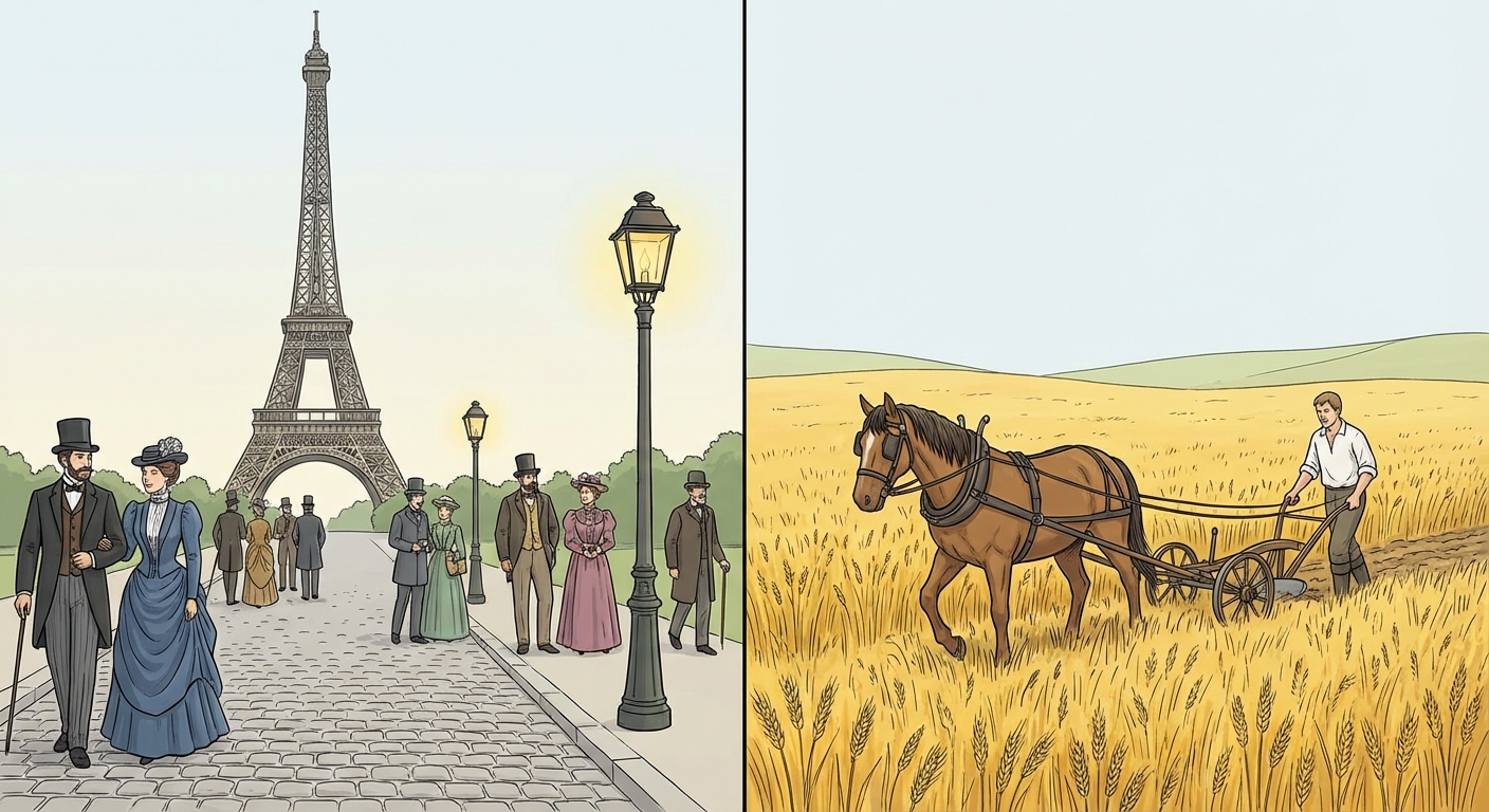 Dessin scindé en deux parties égales verticalement. À gauche, la Tour Eiffel en arrière-plan et une rue pavée avec des passants élégants et un réverbère allumé. À droite, un champ de blé doré avec un agriculteur en chemise blanche guidant une charrue tirée par un cheval.