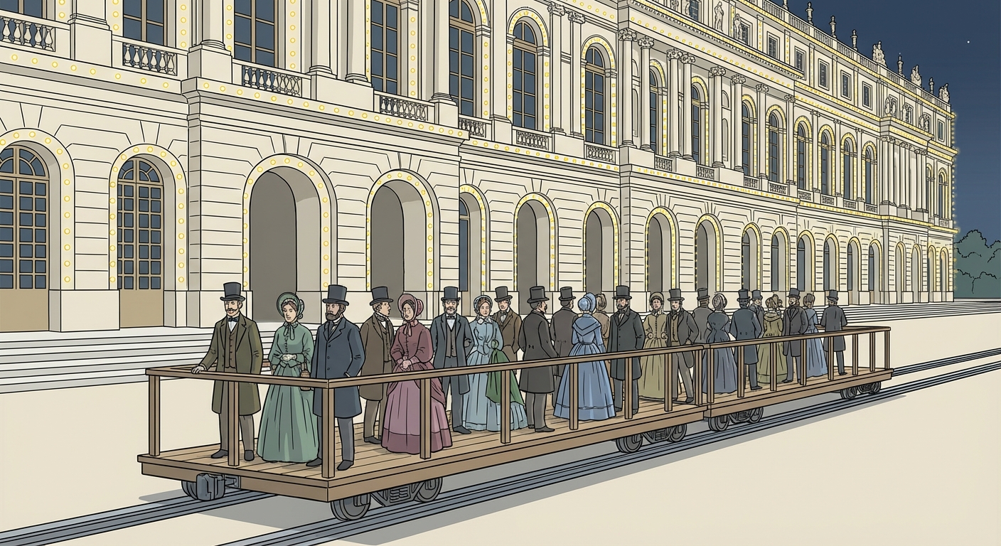 Dessin détaillé vue de face : un grand palais de style classique avec de grandes arches, illuminé par des centaines de petites ampoules jaunes la nuit. Au premier plan, des visiteurs portant des chapeaux haut-de-forme et des robes longues se tiennent debout sur une longue plateforme en bois qui avance mécaniquement.