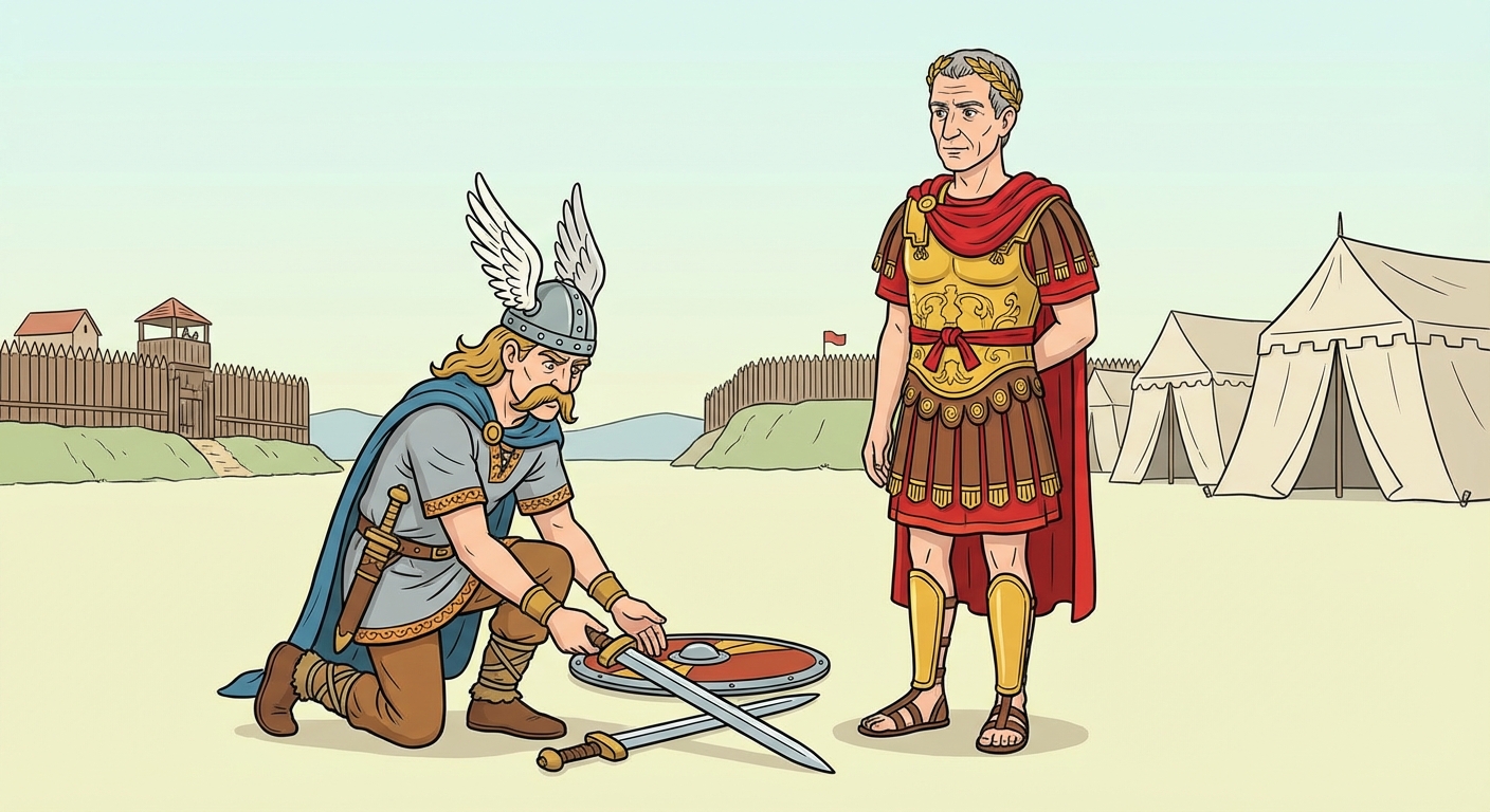 Illustration historique simple style dessin animé éducatif. Au premier plan, Vercingétorix (casque à ailettes, moustache, tenue gauloise) dépose ses armes au sol devant Jules César. César est debout, calme, en armure rouge et dorée. En arrière-plan, le camp romain fortifié.