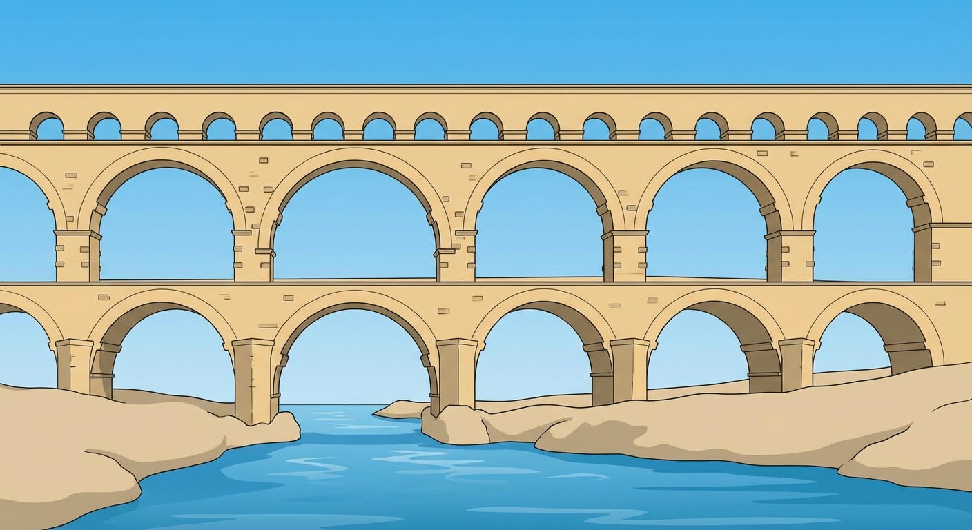 Dessin réaliste d'un aqueduc romain en pierre beige (comme le Pont du Gard) traversant une rivière bleue. Il a trois étages d'arches. Ciel bleu sans nuage. Pas de personnages.
