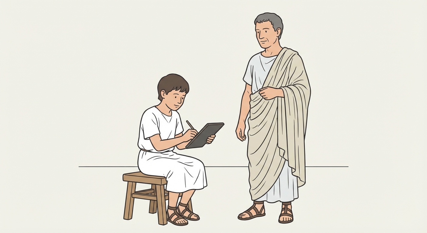 Scène d'intérieur simple. Un enfant vêtu d'une tunique blanche est assis sur un tabouret en bois. Il tient un stylet dans la main droite et écrit sur une tablette rectangulaire foncée (ardoise ou cire). Un maître en toge est debout à côté de lui.