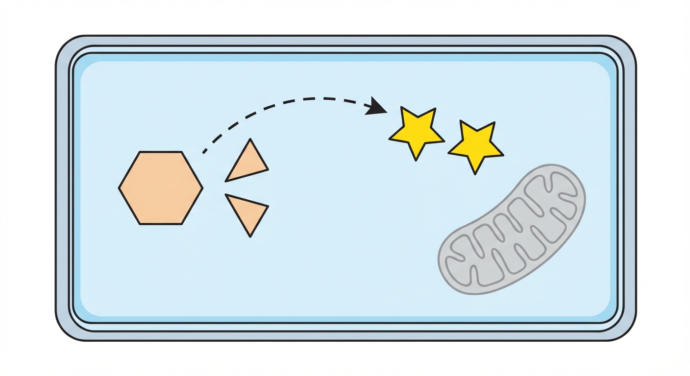 Schéma d'une cellule musculaire rectangulaire. À l'intérieur, dans le fond bleu clair (cytoplasme), une forme hexagonale (glucose) est transformée en deux petits triangles (acide lactique/lactate). Une flèche courbe indique la production de seulement 2 étoiles jaunes (ATP). La mitochondrie à côté est grisée (inactive pour cette voie).