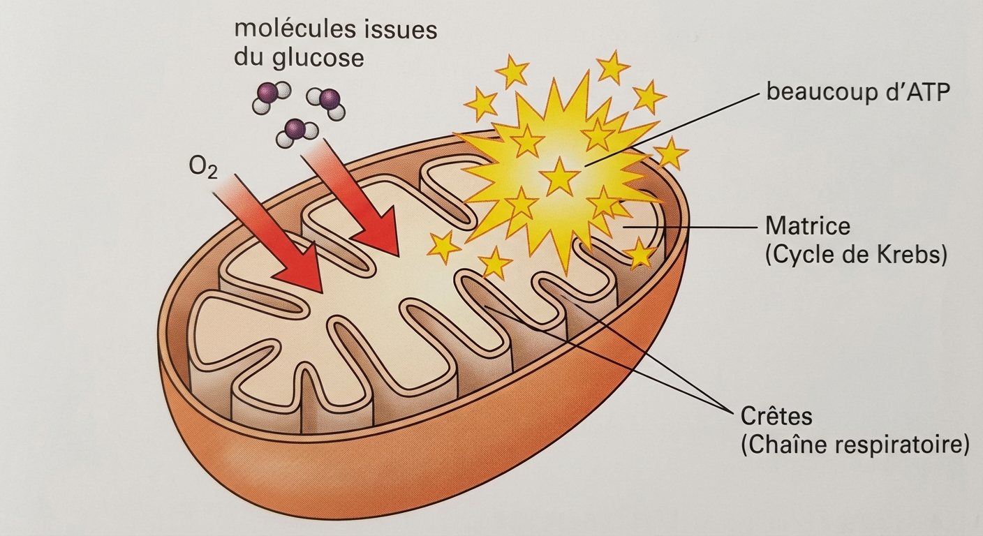 Coupe transversale d'une mitochondrie. On distingue la matrice (centre) et les crêtes (replis). Des flèches rouges (O2) et des molécules issues du glucose entrent. Une explosion d'étoiles jaunes (beaucoup d'ATP) en sort. Légendes : Matrice (Cycle de Krebs), Crêtes (Chaîne respiratoire).
