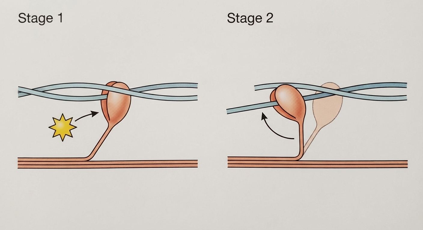 Schéma simplifié en 2 étapes. Étape 1 : une tête de myosine (forme de petit club de golf) est fixée à un filament horizontal fin. Une molécule étoile jaune (ATP) arrive. Étape 2 : La tête de myosine a pivoté vers la gauche (grâce à l'hydrolyse), tirant le filament. Une flèche montre le mouvement de pivot.