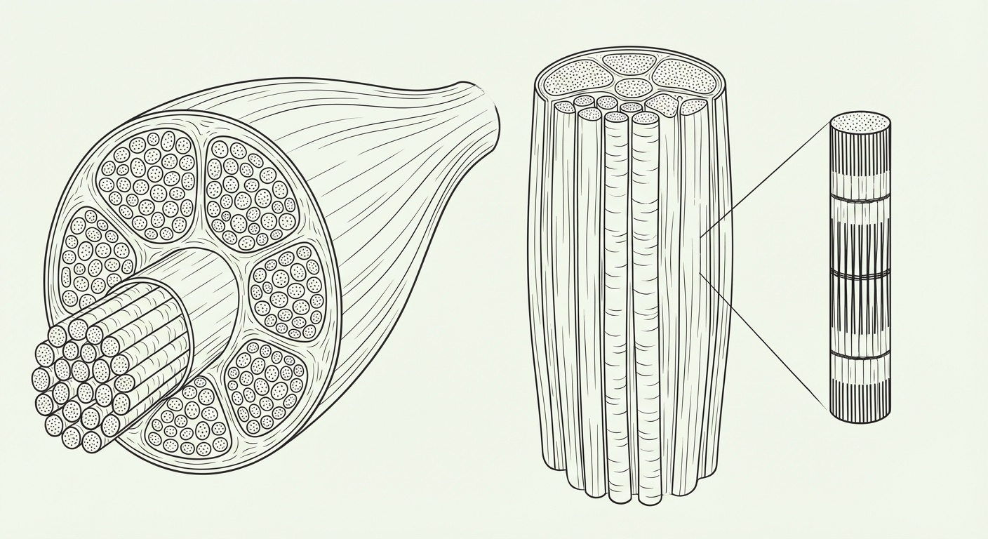 Schéma en coupe transversale et longitudinale montrant l'emboîtement hiérarchique : un muscle entier, contenant des faisceaux, contenant des fibres musculaires (cellules allongées), contenant des myofibrilles cylindriques. Zoom final sur une myofibrille montrant les stries.