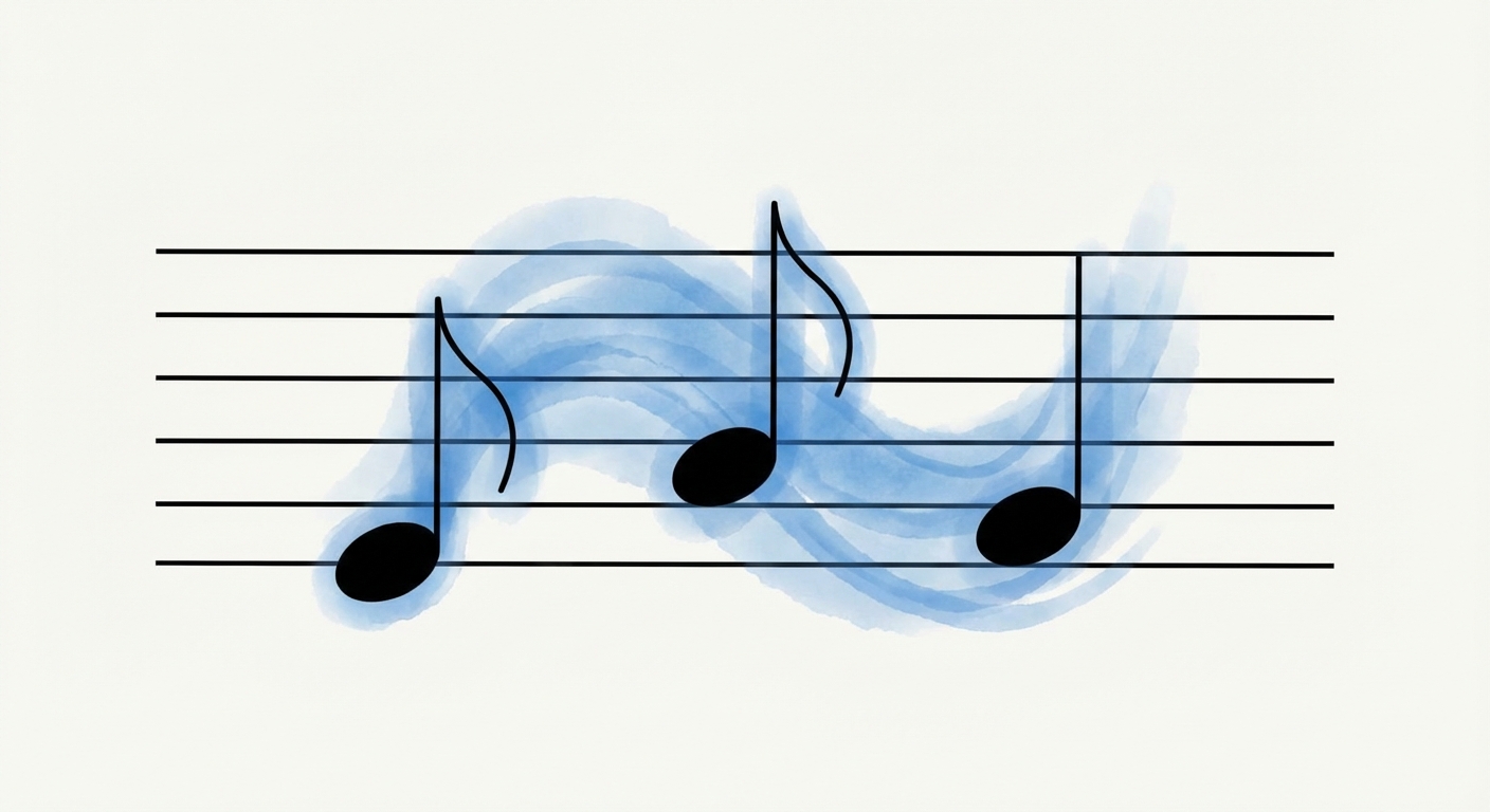 Schéma simple d'une portée musicale avec 5 lignes noires horizontales. Trois notes de musique sont posées sur la portée, reliées entre elles par un flou artistique ou une traînée de couleur bleue qui suggère un mouvement continu et une fusion, sans séparation nette.
