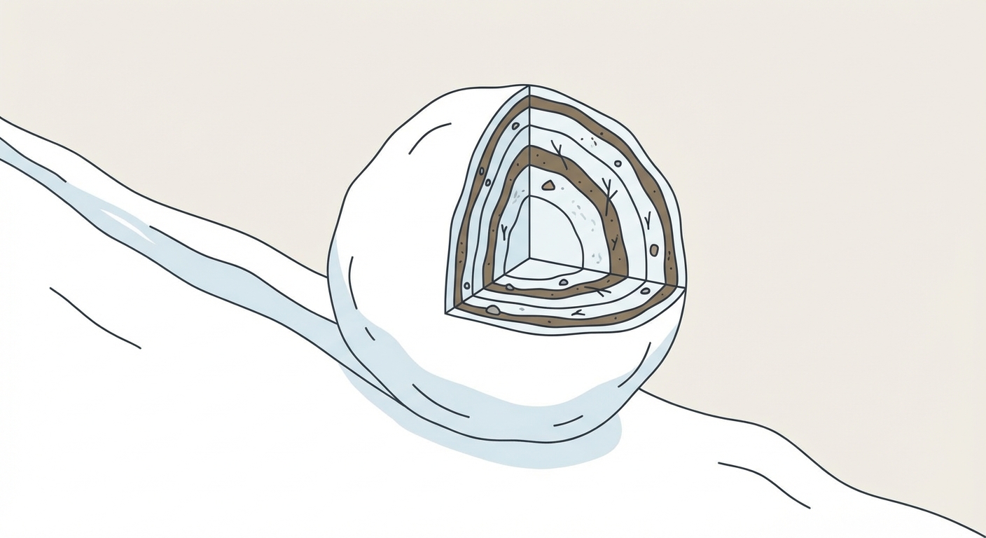 Dessin minimaliste d'une pente enneigée. Une grosse boule de neige roule vers le bas. On voit par transparence ou par une coupe que la boule est faite de multiples couches accumulées, montrant qu'elle conserve tout ce qu'elle a ramassé.