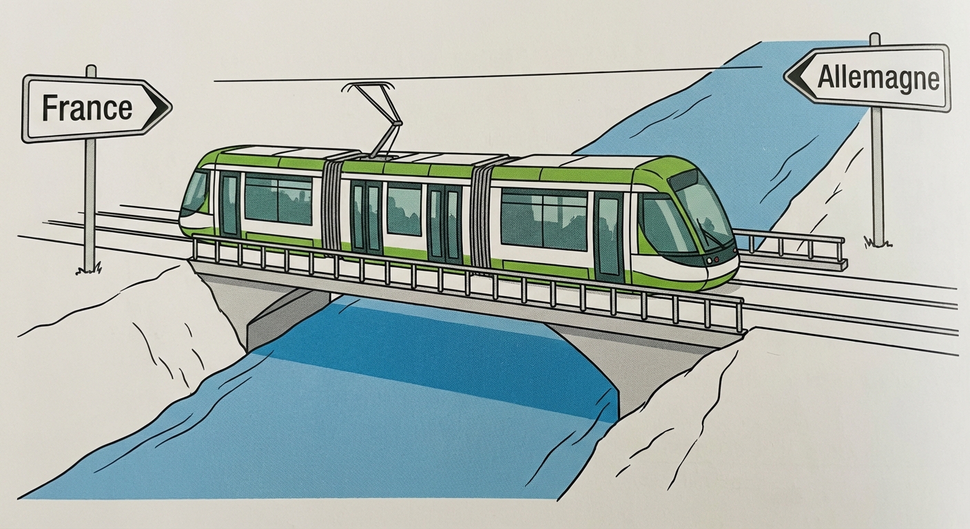 Dessin vue de côté : un tramway moderne vert et blanc traverse un pont au-dessus d'un fleuve bleu. Sur la rive gauche, un panneau indique 'France', sur la rive droite un panneau indique 'Allemagne'. Le tramway est au milieu du pont, reliant physiquement les deux rives.