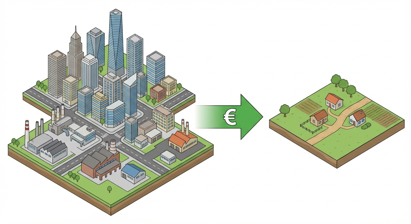 Schéma simple en 2D style manuel scolaire. À gauche, une zone urbaine dense et moderne (symbole région riche). À droite, une petite zone rurale isolée avec peu d'équipements (symbole région en retard). Une grosse flèche verte part de la gauche vers la droite avec un symbole d'euro € au milieu pour illustrer le transfert d'aide financière.