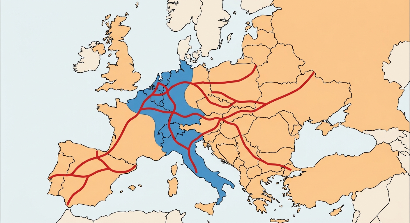 Carte schématique simplifiée de l'Europe. Une forme courbe bleue (la dorsale) traverse l'Europe du Bénélux/Nord de la France jusqu'au Nord de l'Italie pour représenter la zone riche. Le reste (Espagne, Portugal, Europe de l'Est) est en orange clair (périphéries). Des traits rouges épais relient la zone bleue et la zone orange pour symboliser les axes de transport majeurs.