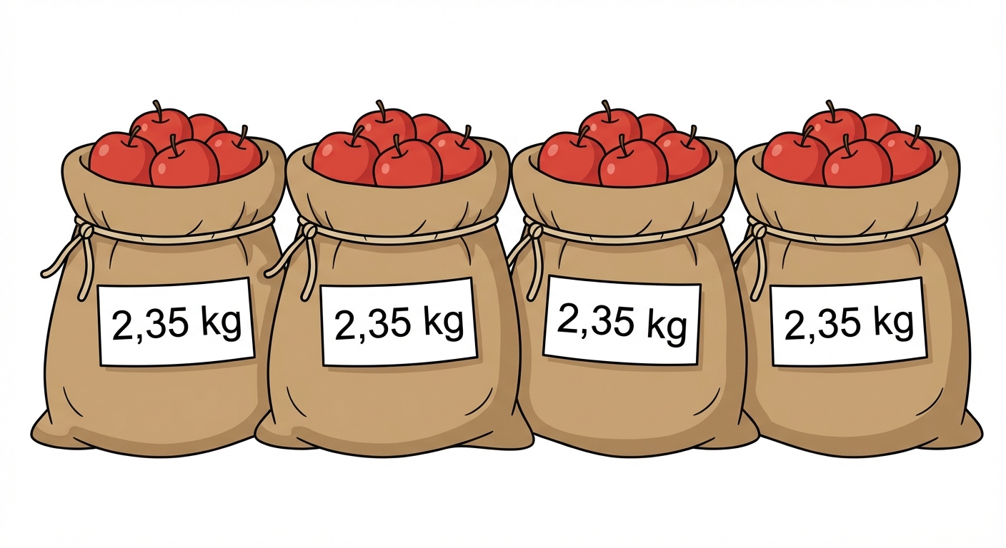 Illustration simple sur fond blanc : 4 sacs de pommes rouges posés côte à côte. Sur chaque sac, une étiquette blanche indique '2,35 kg' en noir.