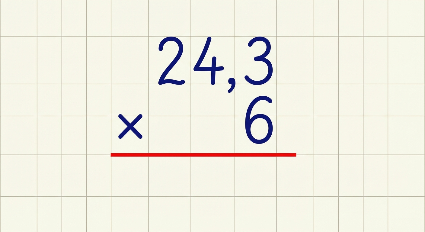 Une feuille à petits carreaux d'écolier. Dessus, une multiplication est posée à l'encre bleue : 24,3 multiplié par 6. Le 6 est écrit exactement sous le 3. Le trait de l'opération est tracé à la règle rouge. Pas de résultat écrit pour l'instant.