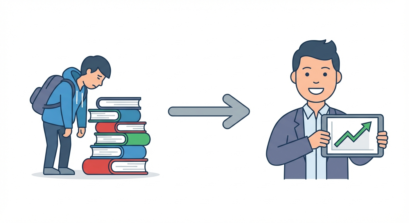 Illustration simple style vectoriel flat design. À gauche, un étudiant avec une pile de livres (symbole de l'effort). Une flèche temporelle va vers la droite. À droite, un professionnel souriant avec un graphique de revenus en hausse. Fond blanc.