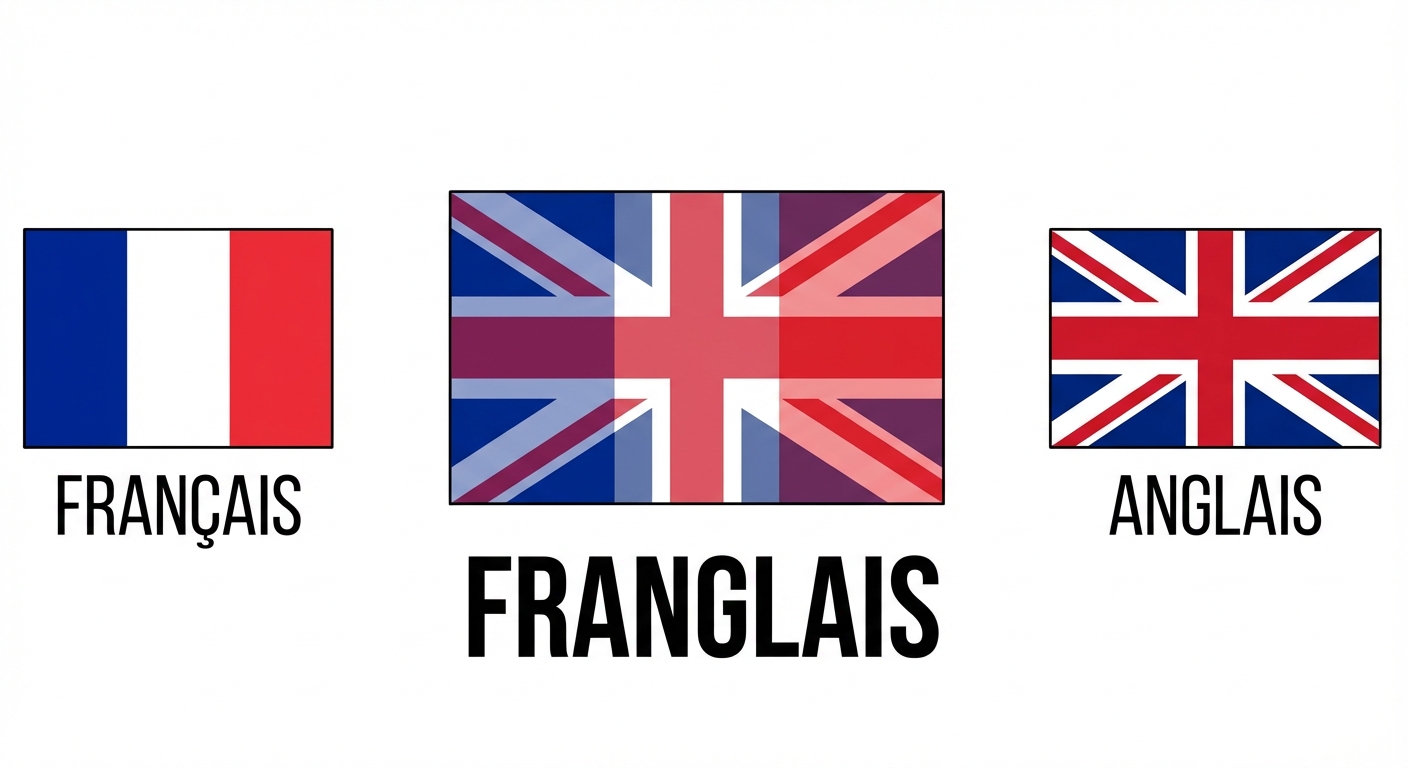 Schéma simple sur fond blanc. À gauche le drapeau français avec le mot FRANÇAIS écrit dessous. À droite le drapeau anglais avec le mot ANGLAIS écrit dessous. Les deux drapeaux fusionnent au centre pour former un drapeau hybride avec le mot FRANGLAIS écrit en gros et en gras.