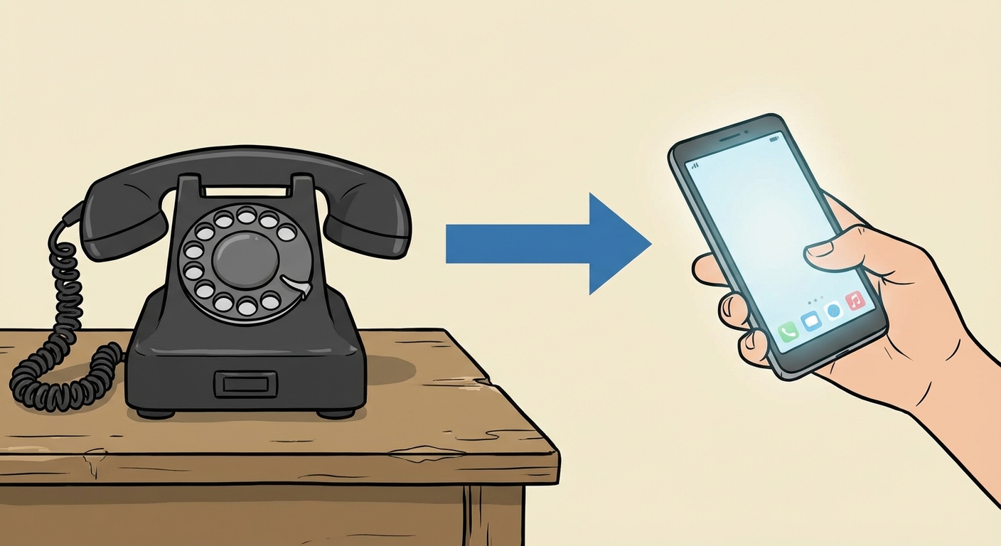 Illustration style bande dessinée simple. À gauche, un vieux téléphone à cadran noir posé sur une table en bois. À droite, un smartphone moderne tactile tenu par une main. Une flèche bleue part du vieux téléphone vers le smartphone.