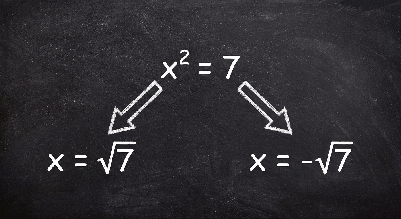 Image style tableau noir. Au centre : x² = 7. Deux flèches en sortent. Flèche 1 vers 'x = √7'. Flèche 2 vers 'x = -√7'.