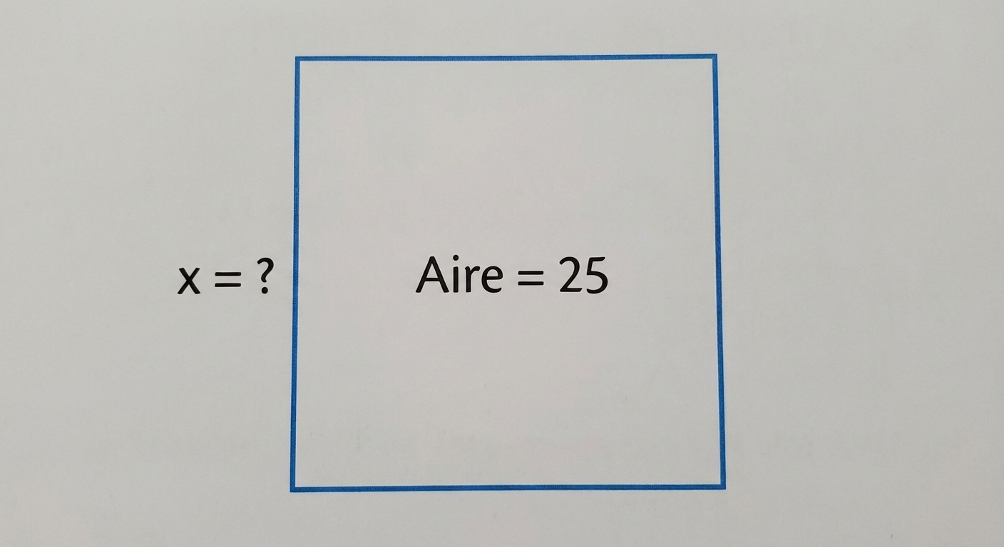 Dessin épuré d'un carré bleu sur fond blanc. Au centre : 'Aire = 25'. Sur le côté gauche : 'x = ?'.