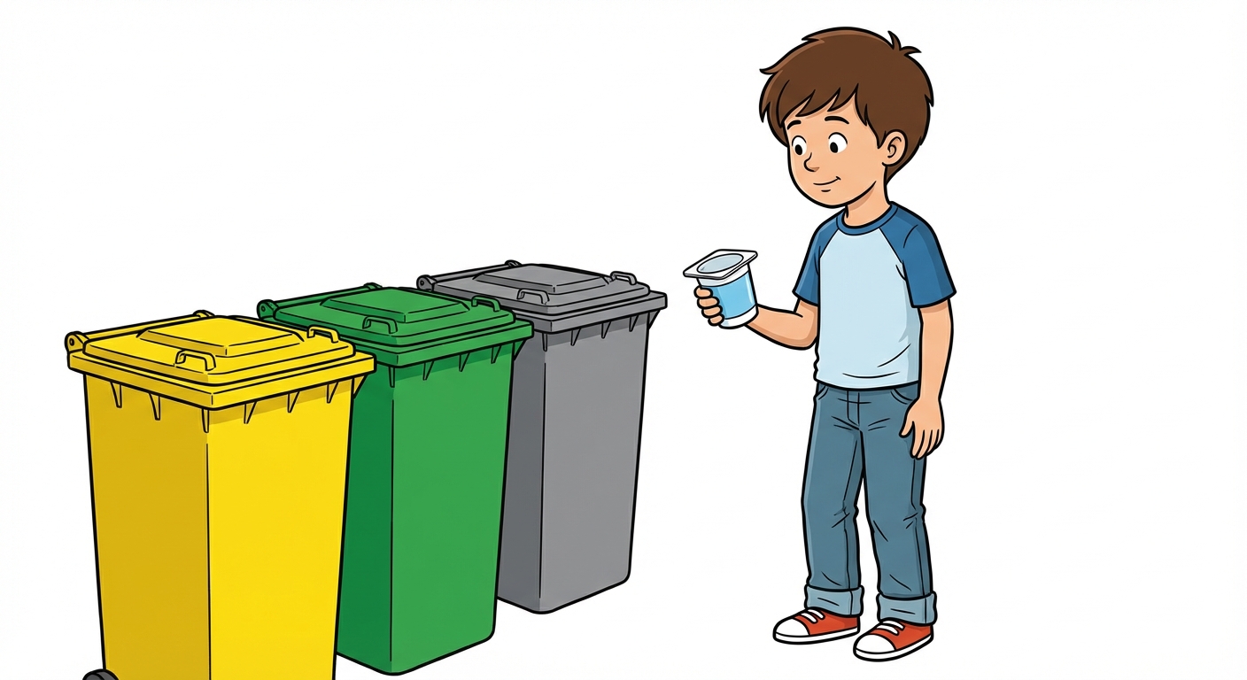 Dessin simple style bande dessinée : un enfant de 10 ans tient un pot de yaourt vide à la main devant trois poubelles de couleurs différentes (jaune, verte, grise). Fond blanc épuré.