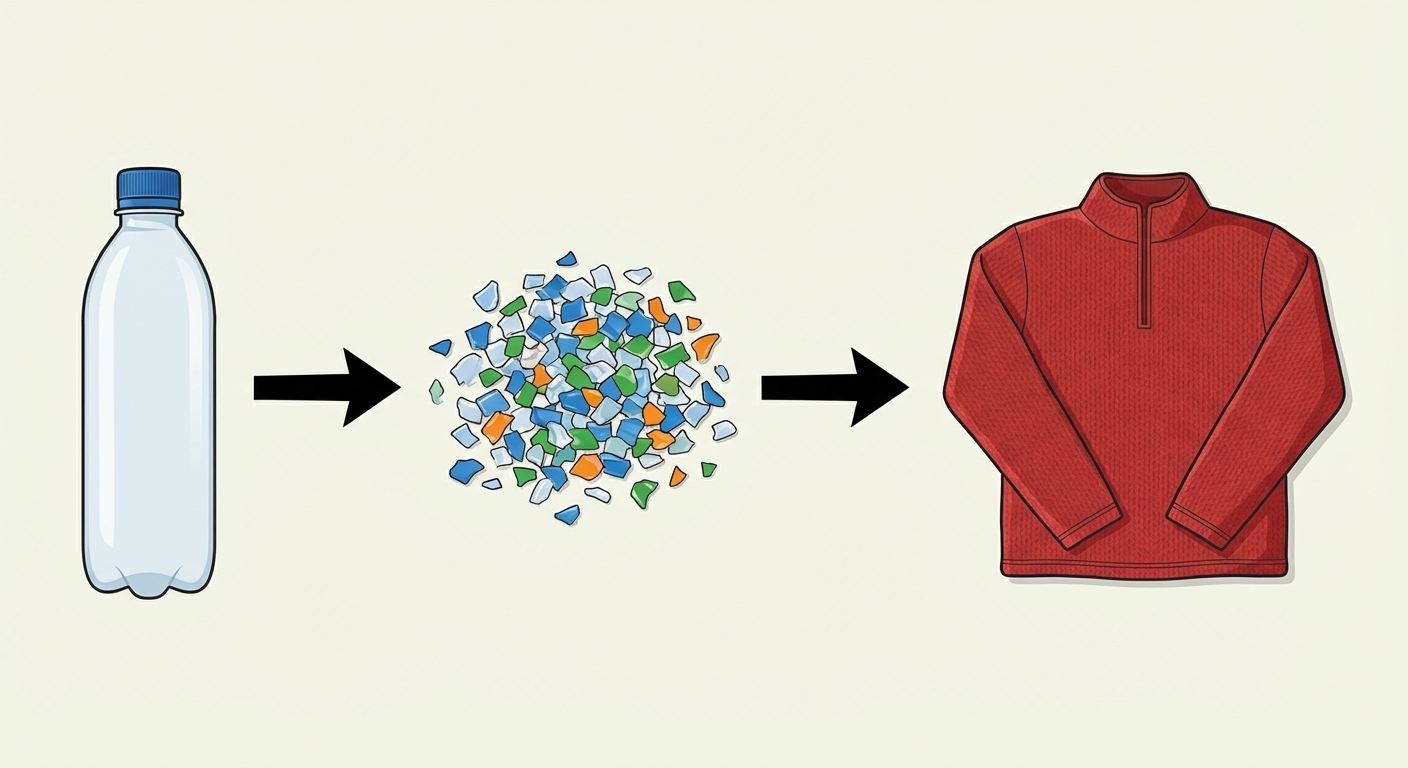 Schéma simple en trois étapes avec des flèches : 1. Une bouteille en plastique vide -> 2. Des petits copeaux de plastique -> 3. Un pull en polaire rouge.