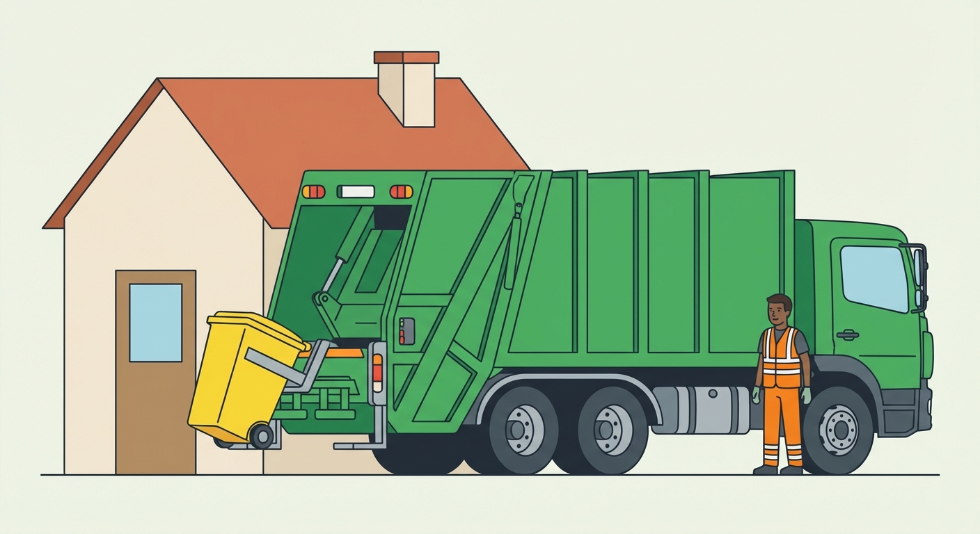 Illustration vectorielle plate : un camion poubelle vert s'arrête devant une maison pour vider un bac jaune. Un éboueur en gilet orange est à côté du camion.