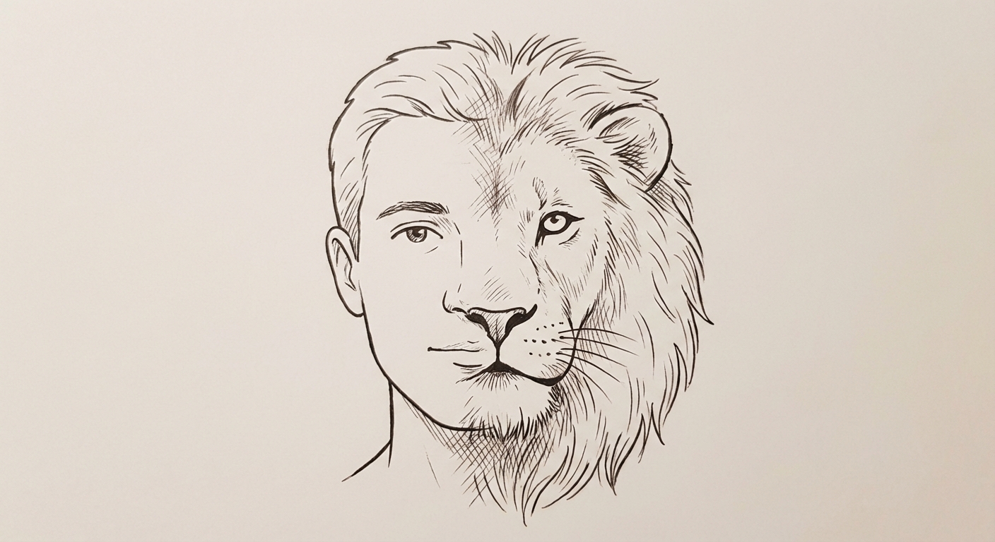 Illustration artistique simple. Le visage d'un homme se transforme à moitié en tête de lion sur le côté droit. Il n'y a pas de séparation nette, les deux images se fondent l'une dans l'autre.