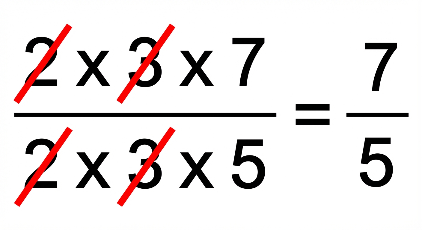 Fraction mathématique noire sur fond blanc. Numérateur : '2 x 3 x 7'. Dénominateur : '2 x 3 x 5'. Les '2' et '3' sont barrés en rouge. À droite du signe égal, reste la fraction '7 sur 5'.