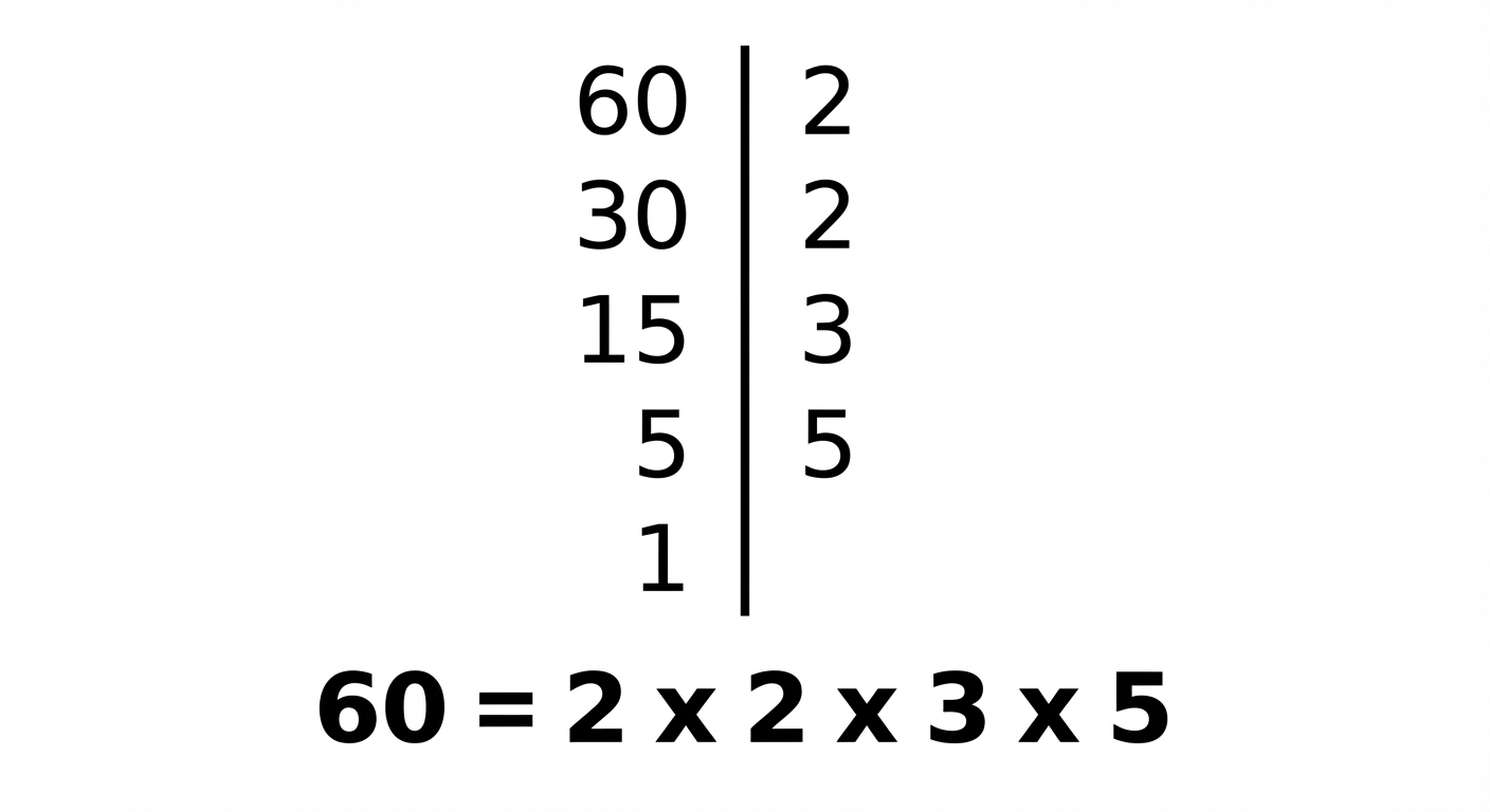 Schéma mathématique sur fond blanc montrant la décomposition de 60. Une barre verticale. Colonne gauche (haut en bas) : 60, 30, 15, 5, 1. Colonne droite (diviseurs) : 2, 2, 3, 5. Résultat '60 = 2 x 2 x 3 x 5' en évidence.