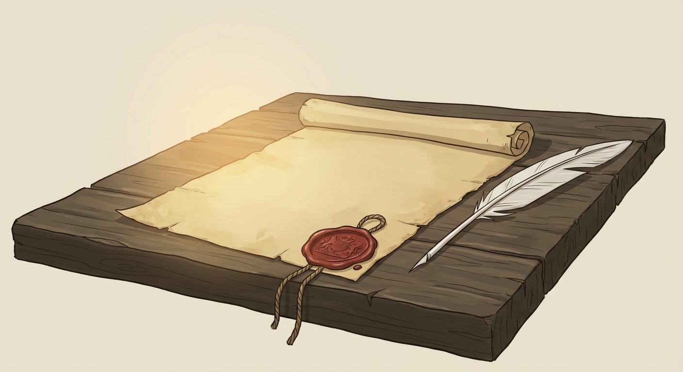 Un vieux parchemin jaunâtre déroulé sur une grande table en bois sombre. En bas du parchemin, un grand sceau royal en cire rouge est accroché par une ficelle. Une plume d'oie blanche repose juste à côté du document. La scène est éclairée par la lumière chaude d'une bougie hors champ.