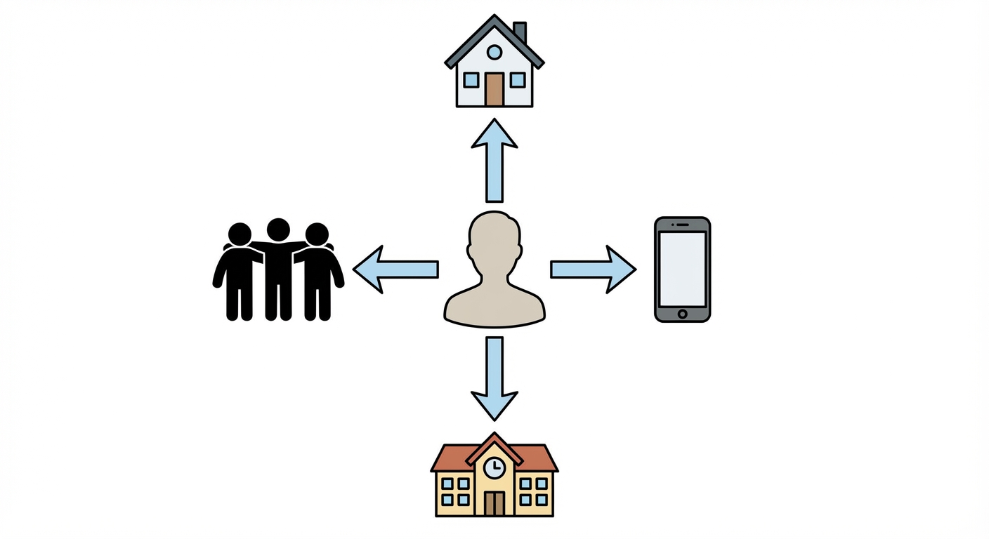 Schéma centré. Au milieu, une silhouette neutre d'adolescent. Autour de lui, quatre icônes reliées par des flèches : une maison (famille), un bâtiment scolaire (école), un groupe de 3 amis se tenant par l'épaule (pairs), et un smartphone (médias). Fond blanc épuré.