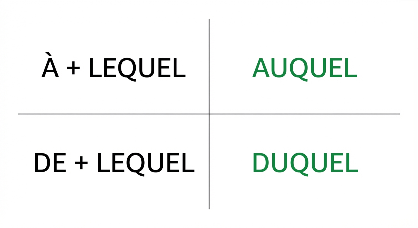 Tableau minimaliste à deux colonnes et deux lignes sur fond blanc. Première ligne : à gauche 'À + LEQUEL', à droite 'AUQUEL' en vert. Deuxième ligne : à gauche 'DE + LEQUEL', à droite 'DUQUEL' en vert. Typographie claire.