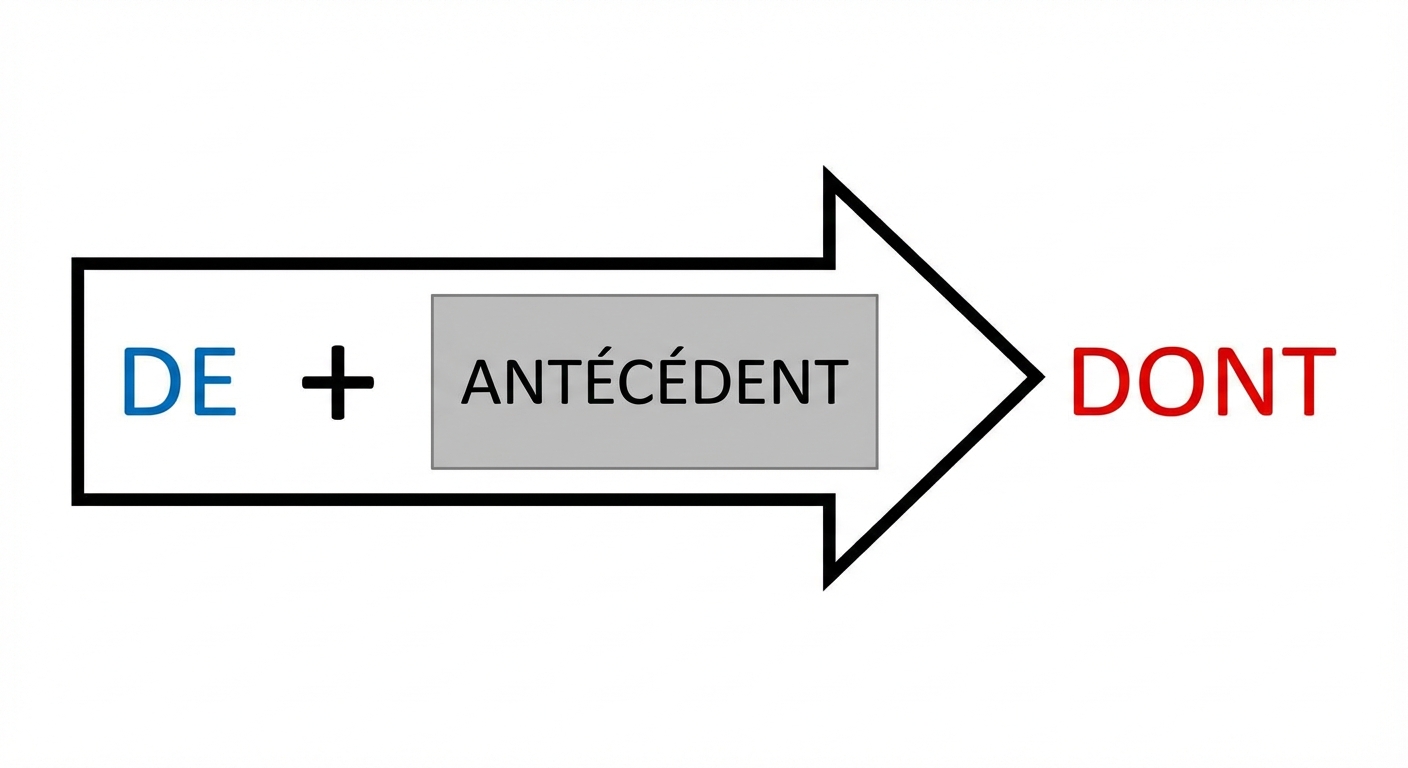 Schéma simple sur fond blanc. À gauche, en bleu, le mot 'DE'. Au centre un signe plus noir '+'. À droite du plus, une boîte grise étiquetée 'ANTÉCÉDENT'. Une flèche noire part de l'ensemble et pointe vers le mot 'DONT' écrit en rouge et en majuscules.