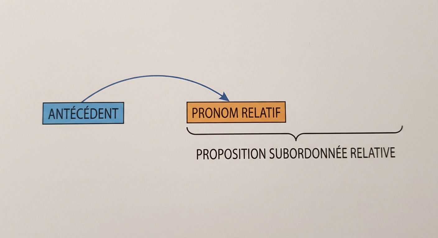 Schéma linéaire horizontal d'une phrase. Une boîte bleue à gauche contient le mot 'ANTÉCÉDENT'. Une flèche courbe part de cette boîte vers la droite pour pointer vers une boîte orange contenant 'PRONOM RELATIF'. Une accolade englobe le pronom relatif et les mots suivants sous le nom 'PROPOSITION SUBORDONNÉE RELATIVE'.