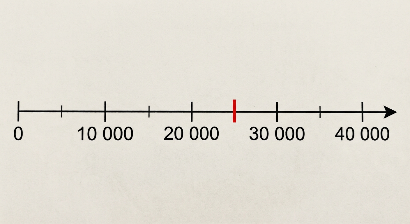 Une ligne horizontale fléchée à droite (demi-droite graduée). Les graduations principales marquent 0, 10 000, 20 000, 30 000, 40 000. Une marque rouge indique la position 25 000.