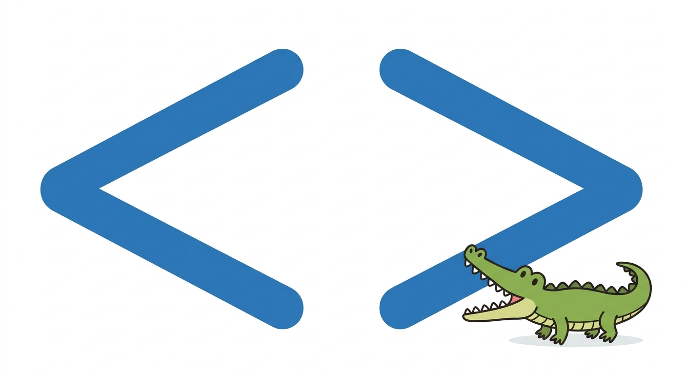 Dessin simple sur fond blanc montrant les symboles mathématiques < et > en grand, de couleur bleue. À côté, un petit personnage de dessin animé (crocodile) ouvre la bouche vers le plus grand nombre.