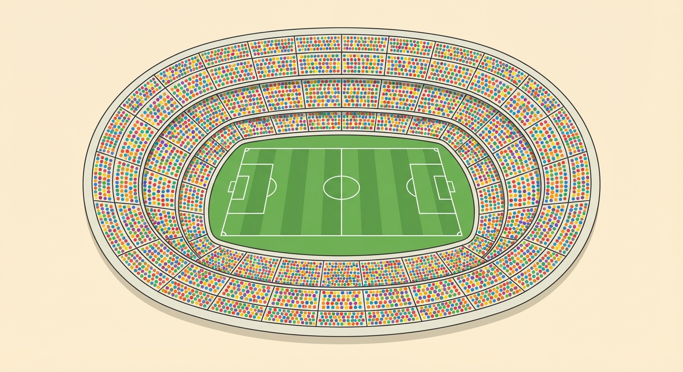Illustration réaliste d'un grand stade de football vu du ciel, rempli de spectateurs colorés. L'image doit donner une impression de multitude et de grandeur.