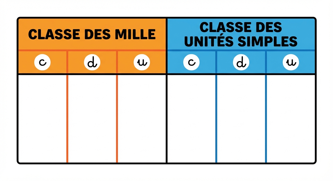 Tableau de numération vide, clair et coloré sur fond blanc. Il est divisé en deux grandes parties principales. À gauche une partie orange titrée CLASSE DES MILLE, à droite une partie bleue titrée CLASSE DES UNITÉS SIMPLES. Chaque partie est sous-divisée en trois colonnes : c, d, u.