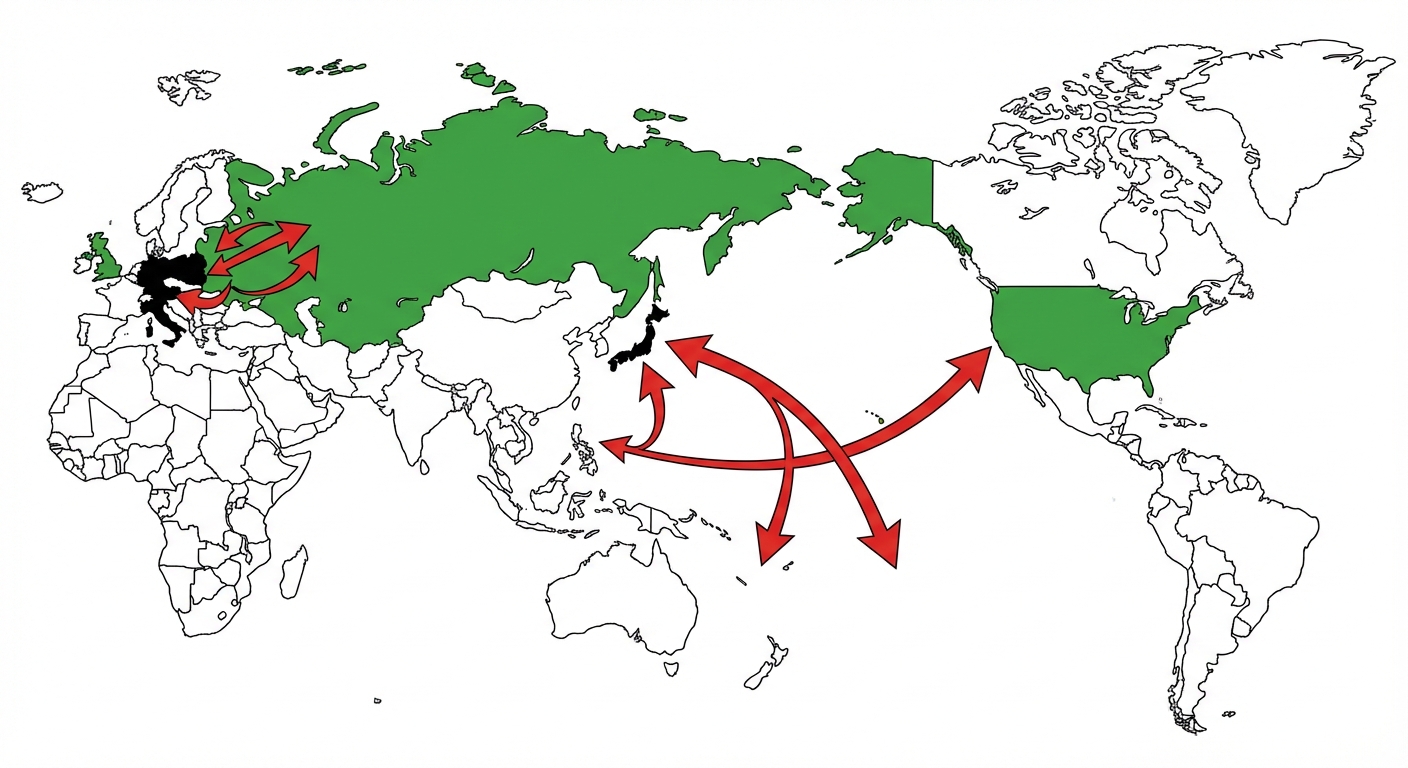 Carte du monde simplifiée style scolaire sur fond blanc. Les pays de l'Axe (Allemagne, Italie, Japon) sont coloriés en noir. Les pays Alliés (Royaume-Uni, USA, URSS) sont coloriés en vert. Des flèches rouges indiquent les zones de combat en Europe et dans le Pacifique.