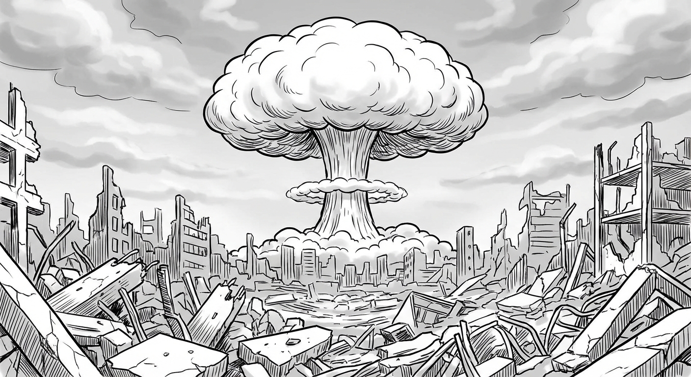 Dessin réaliste en noir et blanc d'un champignon atomique s'élevant dans le ciel au-dessus d'une ville détruite. Au premier plan, des décombres mais pas de corps visibles.