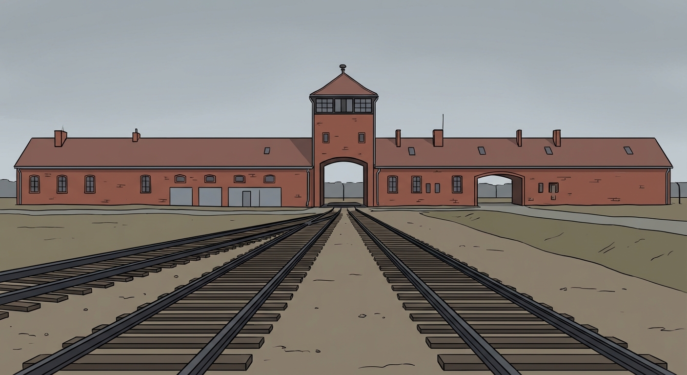 Vue frontale simple de l'entrée du camp d'Auschwitz-Birkenau en briques rouges. Des rails de chemin de fer au centre convergent vers le porche d'entrée sous un ciel gris. Aucun personnage.