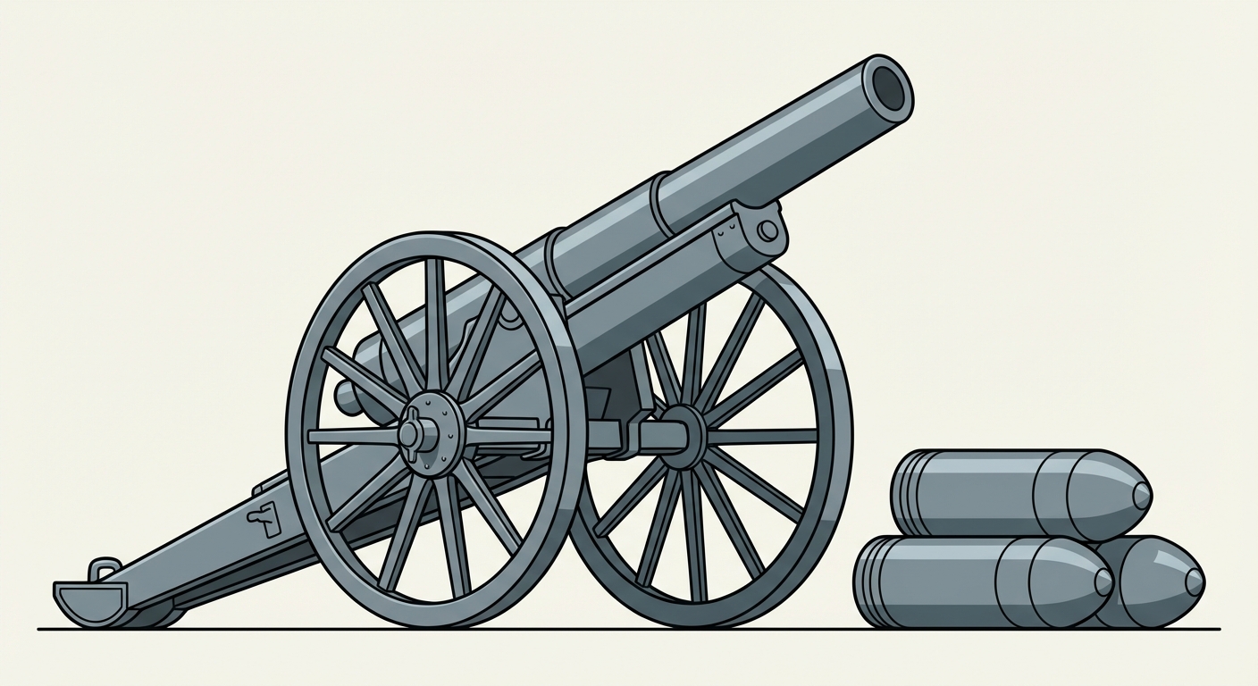 Dessin simple d'un gros canon d'artillerie de la guerre 14-18, couleur gris acier, posé sur deux grandes roues, pointé vers le ciel. À côté, une pile de 3 gros obus cylindriques.
