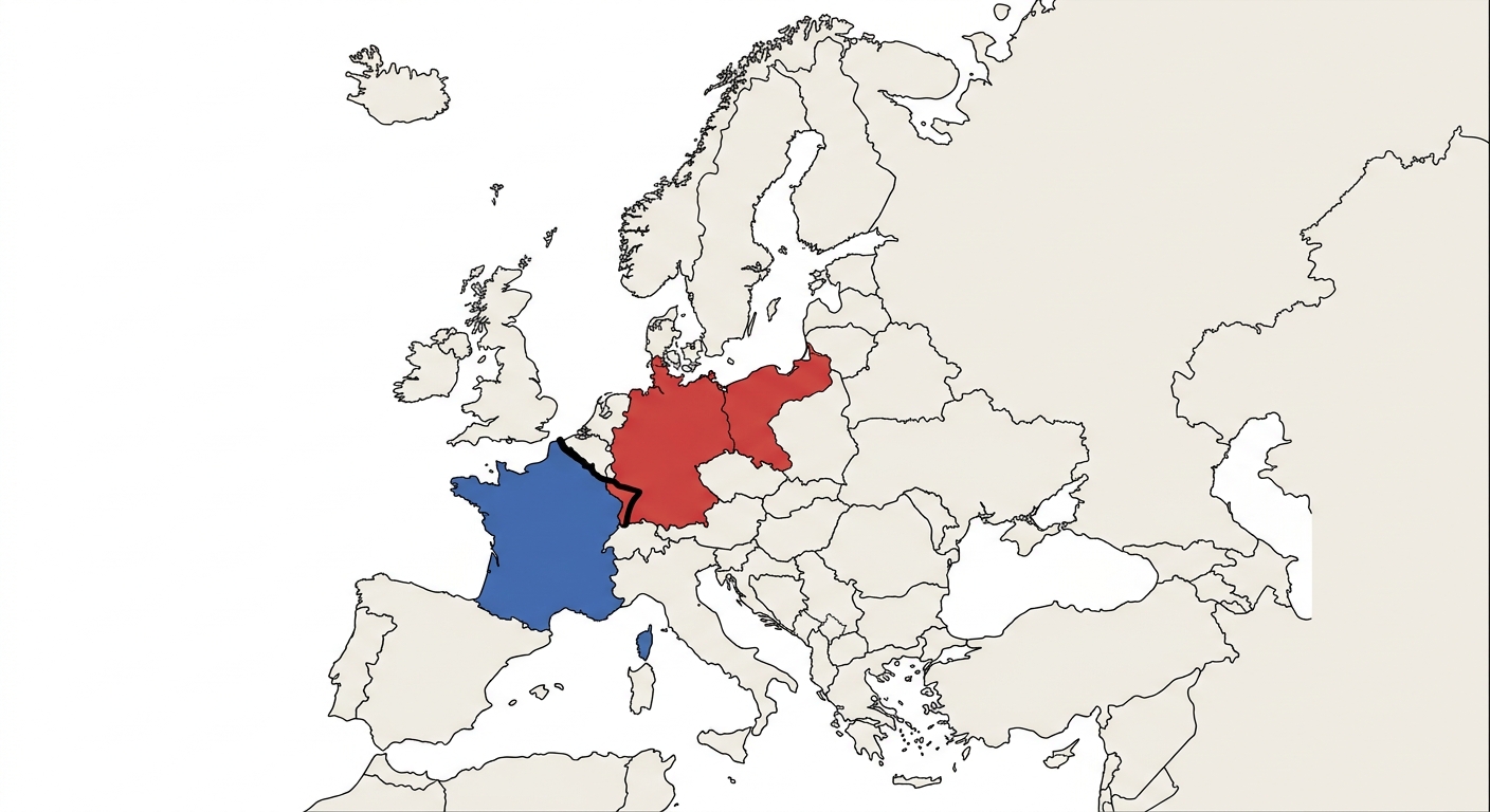 Carte de l'Europe simplifiée style scolaire. La France est coloriée en bleu, l'Allemagne en rouge. Une ligne noire épaisse marque la frontière entre les deux pour symboliser la ligne de front.