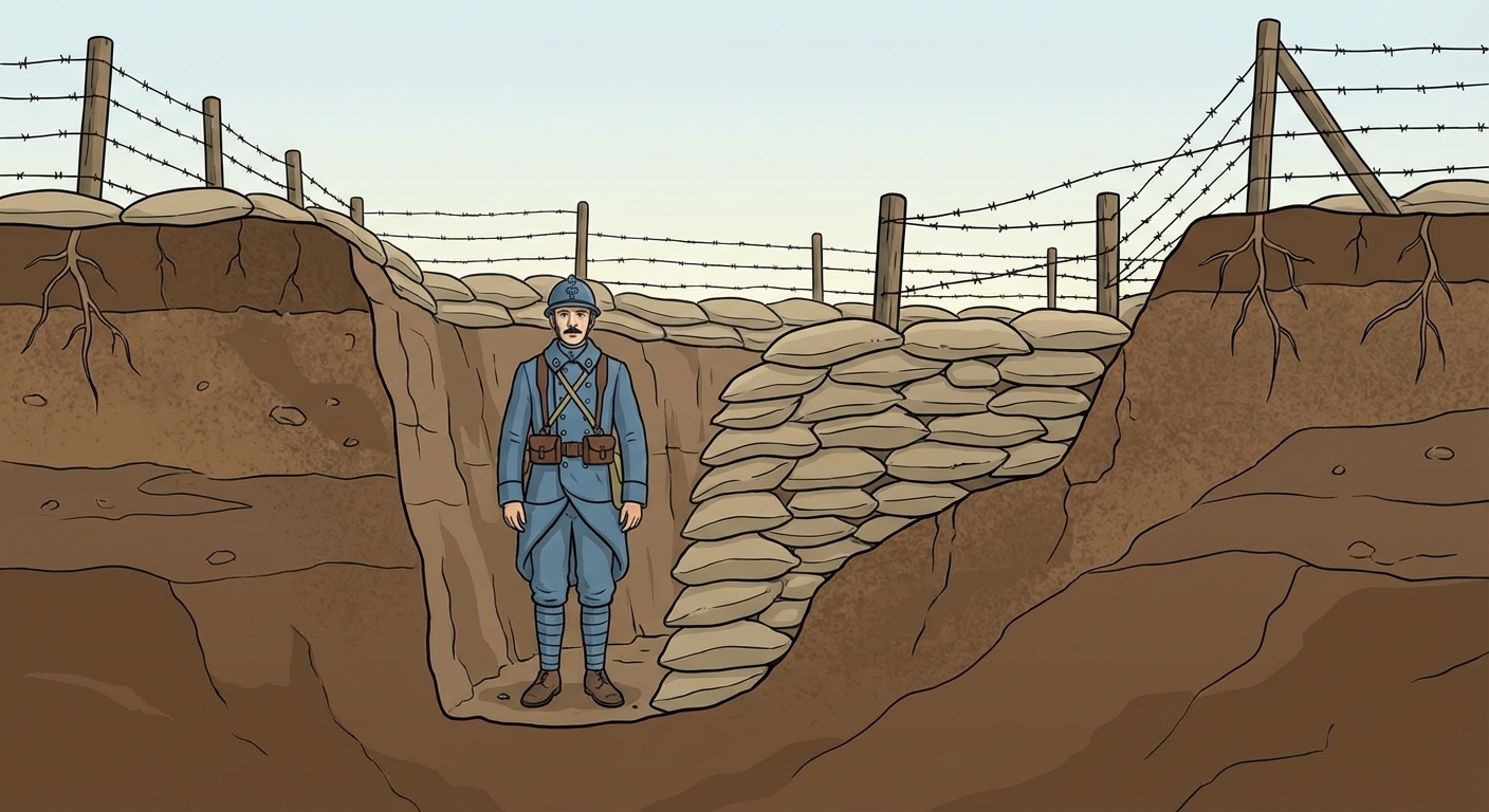 Dessin coupe transversale d'une tranchée. Un fossé profond creusé dans la terre marron. Un soldat français en uniforme bleu horizon, casque sur la tête, est debout au fond. Devant lui, des sacs de sable empilés et du fil de fer barbelé en haut.