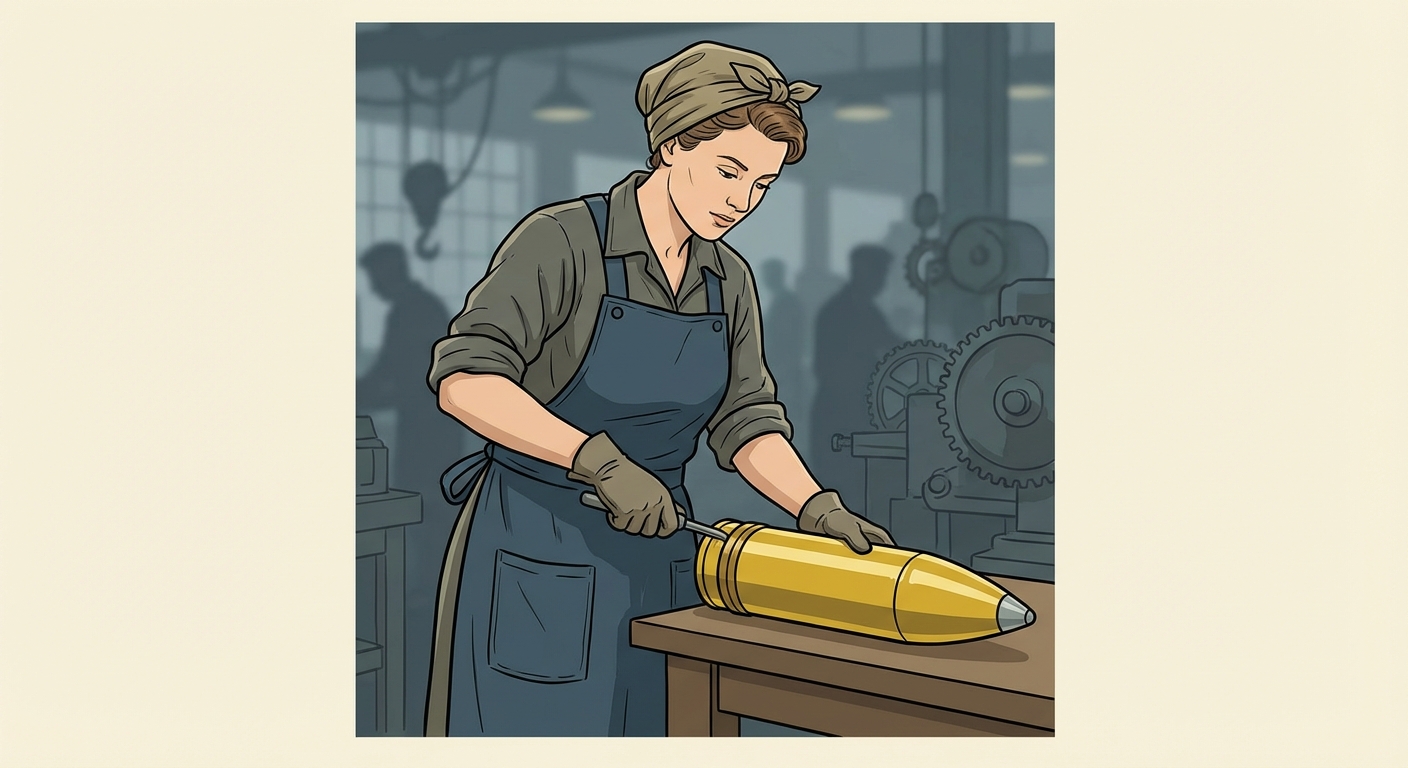 Dessin d'une femme dans une usine en 1916. Elle porte un foulard sur les cheveux et un tablier de travail. Elle manipule un obus en métal jaune posé sur un établi. Arrière-plan flou suggérant une usine.