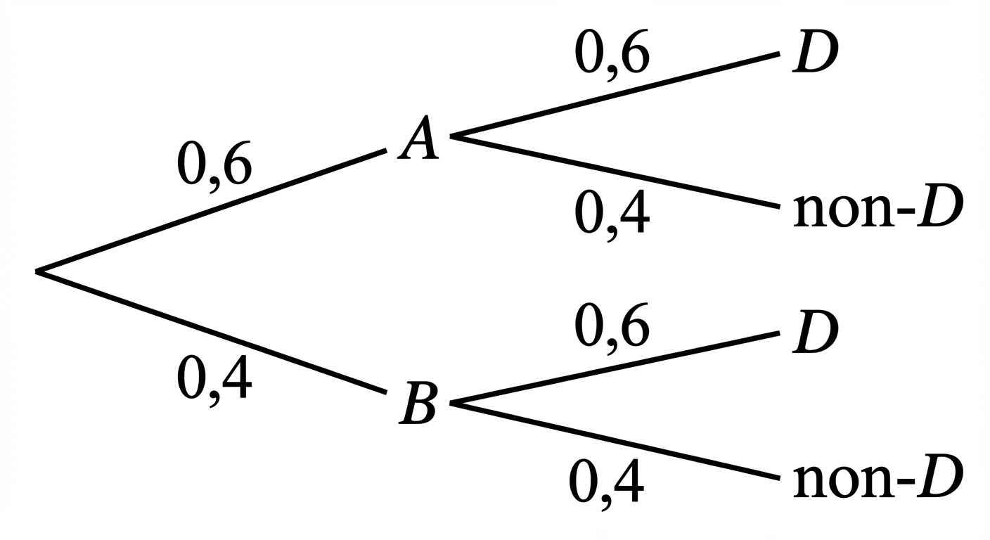Un arbre de probabilité simple sur fond blanc. Un point de départ se divise en deux branches vers A et B. Depuis A, deux nouvelles branches partent vers D et non-D. Depuis B, deux nouvelles branches partent vers D et non-D. Des valeurs fictives comme 0,6 et 0,4 sont écrites sur les branches.