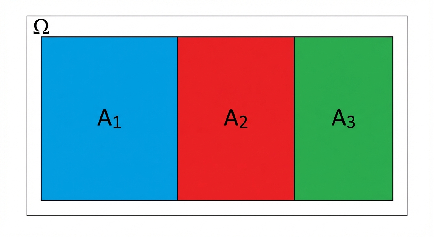Schéma simple style diagramme de Venn : un grand rectangle nommé Omega représentant l'univers. Ce rectangle est divisé en 3 zones colorées distinctes (bleu, rouge, vert) nommées A1, A2 et A3. Les zones sont collées les unes aux autres pour remplir le rectangle, mais ne se chevauchent pas. Fond blanc.
