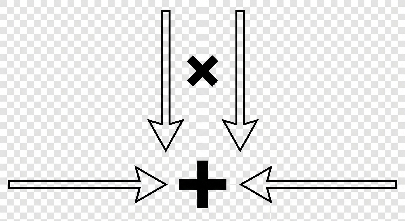 Schéma infographique minimaliste. Deux flèches verticales descendent avec un symbole de multiplication (x) entre les étapes. En bas, deux flèches horizontales se rejoignent vers un centre avec un gros symbole d'addition (+).