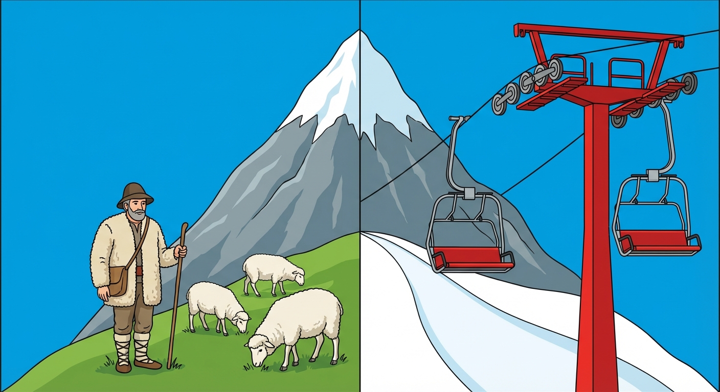Dessin simple vue de face d'une grande montagne coupée en deux parties. Sur la moitié gauche, un berger traditionnel et exactement 3 moutons blancs sur de l'herbe verte. Sur la moitié droite, un gros télésiège rouge avec 2 sièges accrochés au dessus d'une piste de ski blanche. Ciel bleu uni en fond.